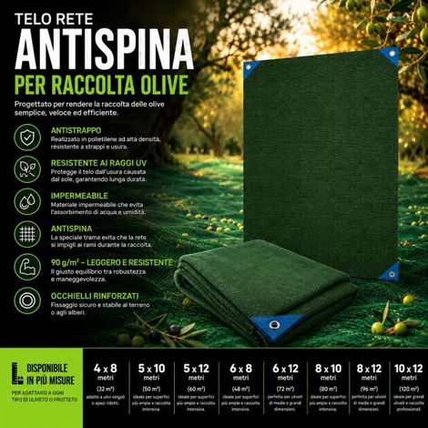 Telo Rete per Raccolta Olive Antispina 90gr/m² con Occhielli Angoli Rinforzati 4X8mt