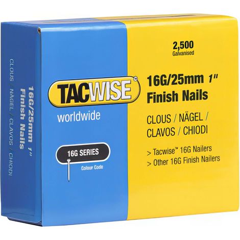 Tacwise – Boîte de 2500 clous de finition 16G L. 25 mm – Galvanisés pour bois dur – Force de maintien supérieure – Pour cloueurs électriques et pneumatiques