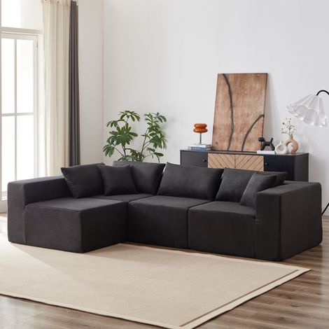 Sofá esquinero modular en forma de L de 4 piezas, de pana y espuma, no requiere montaje, ideal para salón o dormitorio, color negro (1/5)