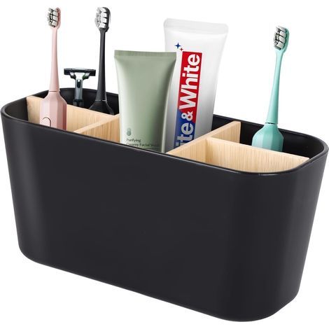 Zahnbürstenhalter – Badezimmer-Organizer – Bambus und PP – Schimmelresistent – Für Hand- und elektrische Zahnbürsten – Schwarz – 20 x 10 x 12 cm (1/5)
