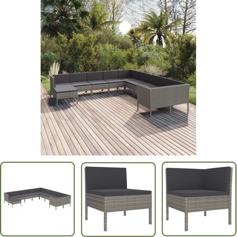 The Living Store Salon de jardin 11 pcs avec coussins Résine tressée Gris - Salon De Jardin - Mobilier De Jardin - Set De Salon De Jardin - Résine Tressée - Chaise Longue (1/5)