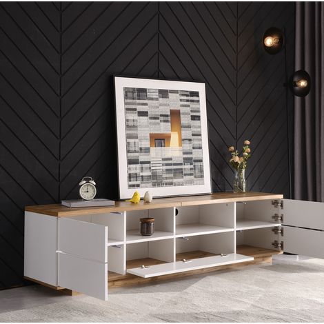 Mobile TV 180x46x38 cm bianco e color legno in MDF con 5 ante, ripiani aperti e frontali a griglia (1/5)