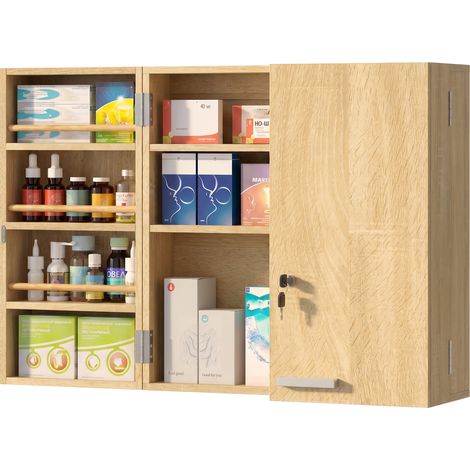Armoire à pharmacie murale. armoire à médicaments avec double porte verrouillable et 2 clés. 53x20x53cm. chêne. rangement sécurisé et design naturel (1/5)