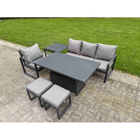 Fimous Aluminum Outdoor Dining Set Patio Dining Furniture Set Includes Adjustable Rising Lifting Dining Table Chairs with 2 Small Footstools Side Table (1/5)