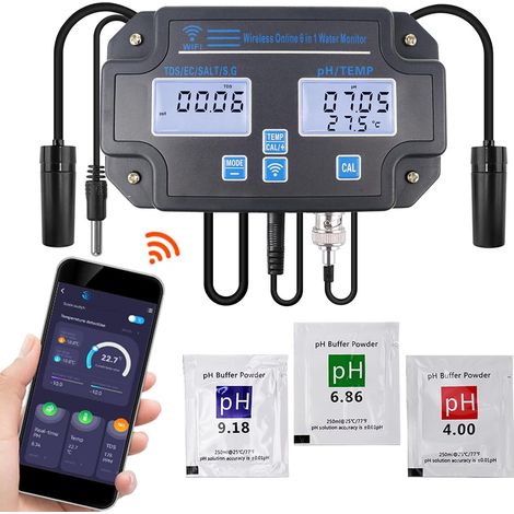 Testeur de qualité de l'eau Wi-Fi 6 en 1 : mesure du pH, de la conductivité (EC/TDS), de la salinité, de la densité et de la température. Surveillance en ligne 24 h/24 via application (1/5)