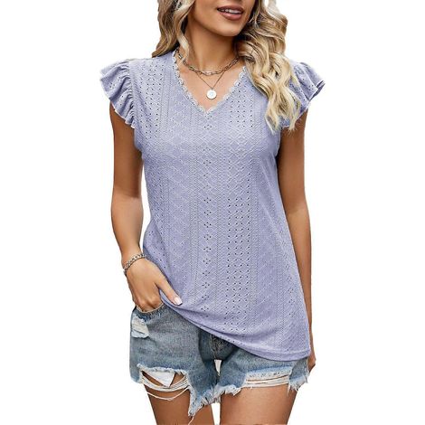 Damen Sommerbluse, lässig, kurzes, flatterndes Oberteil mit Lochstickerei, V-Ausschnitt und Spitzeneinsatz, lila, Größe XL