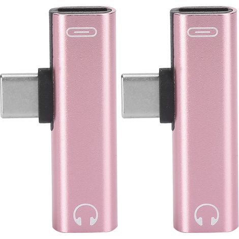 Lot de 2 adaptateurs 2-en-1 USB-C vers jack 3.5 mm, câble audio chargeur avec répartiteur pour casque, couleur rose (1/5)