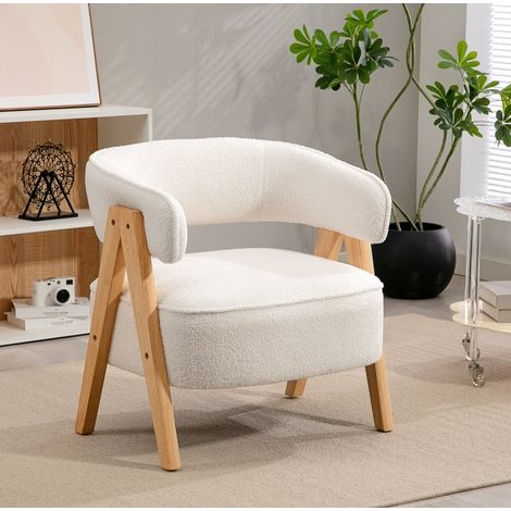 Poltrona in pile bianco con piedi in legno e struttura in metallo HAVRYA (1/5)