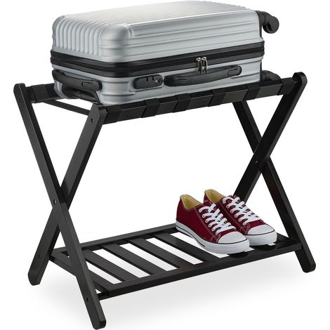 Relaxdays Kofferständer, klappbar, Bambus, HBT: 56x68,5x41,5 cm, Gepäckständer mit Ablage, Kofferablage Hotel, schwarz