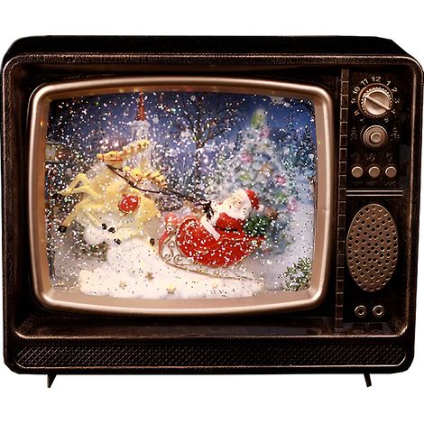 Decorazione Natalizia Babbo Natale con Slitta nella TV Vintage Effetto Neve Brillante e Musica Scena Natalizia Funziona con USB o Batterie