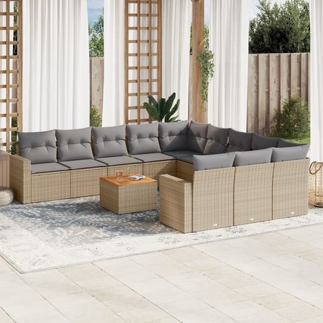 Ensemble de Salon Jardin Modulaire 12 Places en Résine Tressée Beige avec Coussins Gris et Table Acacia (1/3)
