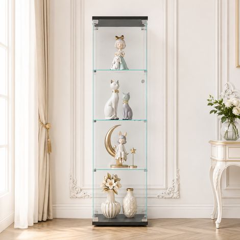 Vitrina de 4 niveles de vidrio templado de seguridad, armario expositor para figuras y colecciones, diseño de una puerta con cerradura, negro (1/5)