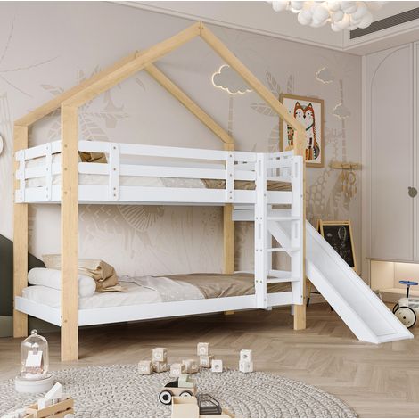 DESVIAE Lit superposé cabane enfant avec toboggan et échelle angulaire à 3 marches barrières de sécurité 90 x 200 cm blanc et naturel structure en bois massif et MDF (1/5)