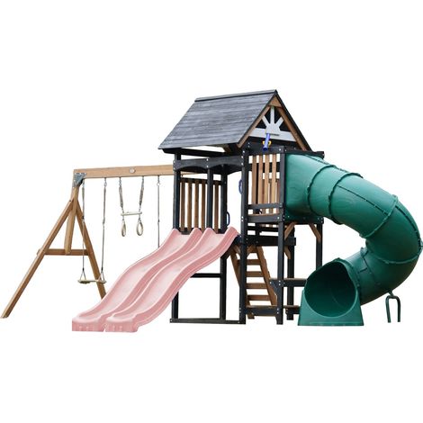 Axi Cody Aire De Jeux En Bois, 2 Balançoires, Toboggan Tubulaire Et Double Toboggan Rose Pastel  Maisonnette Xxl Pour Enfants Avec Structure D'Escalade Et Trapèze  Pour Le Jardin