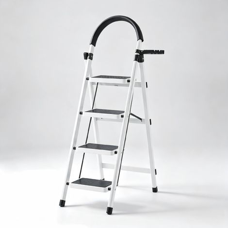 Échelle pliable domestique 4 marches en acier carbone renforcé, charge max 150 kg, marches antidérapantes, poignée rembourrée, épaisseur 4 cm repliée, rangement gain de place, noir‑blanc (1/5)