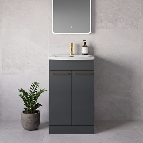Napoli 390 Gloss Grey 500mm 2 Door Vanity Unit with Arc Basin - 500mm - Brushed Brass 160mm Handle