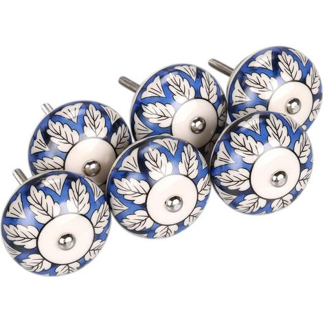 Lot de 6 poignées de porte/tiroir vintage en céramique peinte à la main, motif floral bleu et blanc, en forme de citrouille.