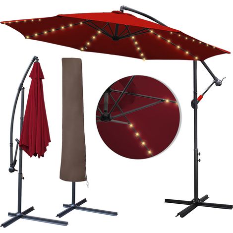 Parasol avec LED et housse de protection 300 cm Parasol de plage Parasol de marché Parasol de jardin terrasse UV30+, Rouge (1/5)