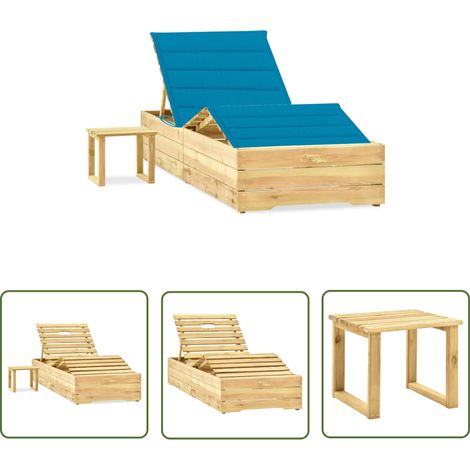 Transat chaise longue bain de soleil lit de jardin terrasse meuble d'extérieur 198 cm avec table et coussin pin imprégné (1/5)