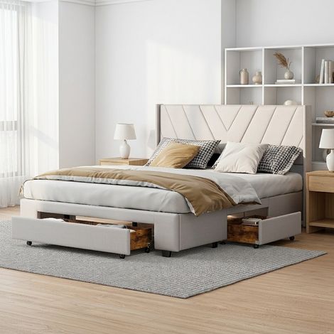 Lit 140x190 avec tiroirs,lit double capitonné,lit adulte,avec sommier à lattes,3 tiroirs,tissu en lin,lit 2 persons,lit 2 places,Beige (1/5)