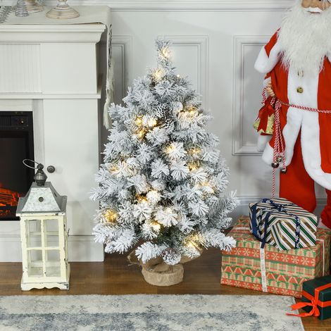 Árbol de Navidad de 92 cm, luces LED, ramas nevadas, piñas, ignífugo, base de hormigón. (1/5)