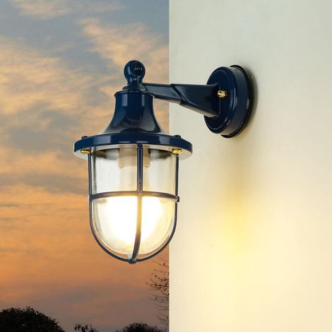Wandlampe außen IP64 Blau E27 Glas Messing Maritim Außenleuchte