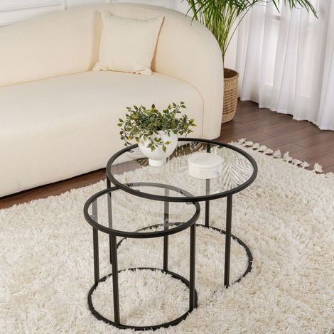 Moderne Runde Couchtisch 2er-Set Uru Schwarz - Transparentes Glas
