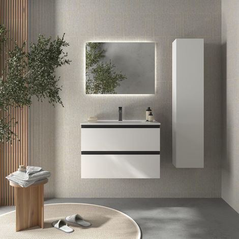 Meuble de salle de bain BEQUIA METAL 80cm Blanc mat Vasque Porcelaine Centrale (1/5)
