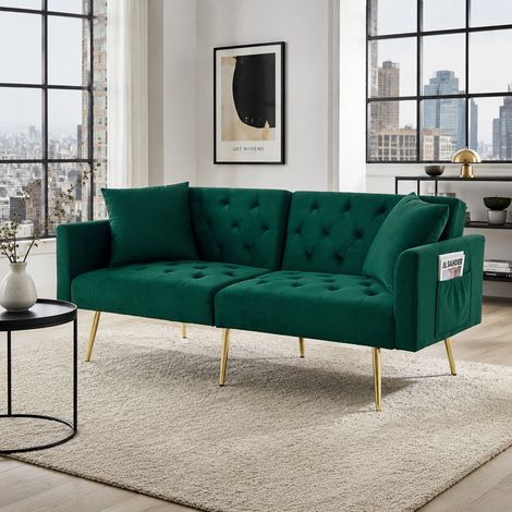 Canapé 2 places en velours vert avec dossier inclinable et 2 coussins (1/5)