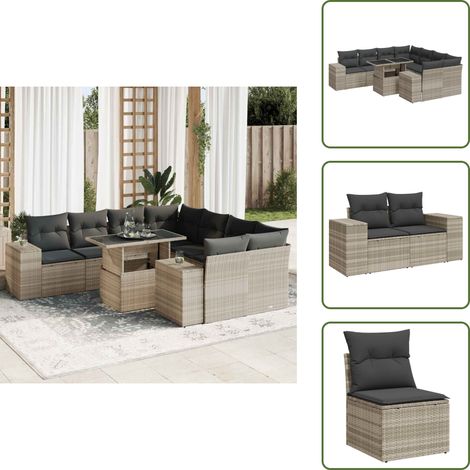 Cojines para terraza - vidaXL Set muebles jardín 9 pzas y cojines ratán sintético gris claro - Muebles de exterior