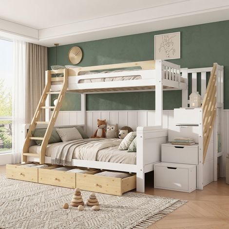 Lit Superposé 90x200+140x200 cm avec escalier de rangement et 3 tiroirs - lit mezzanine en bois de pin, lit enfant, style scandinave (1/5)