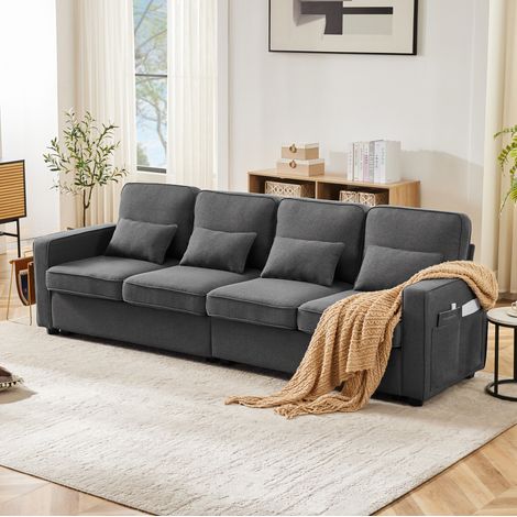 Canapé 264x83x87 cm gris foncé en lin avec poches de rangement et 4 coussins lombaires (1/5)