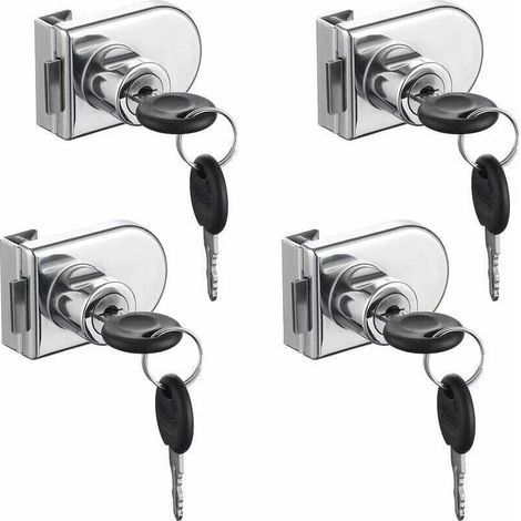 Serratura per porta in vetro, cromata, antiruggine. Serratura di sicurezza ad alta precisione, facile da installare senza forare, adatta per porte in vetro da 5-8 mm senza forare (4 pezzi con 8 chiavi (1/4)