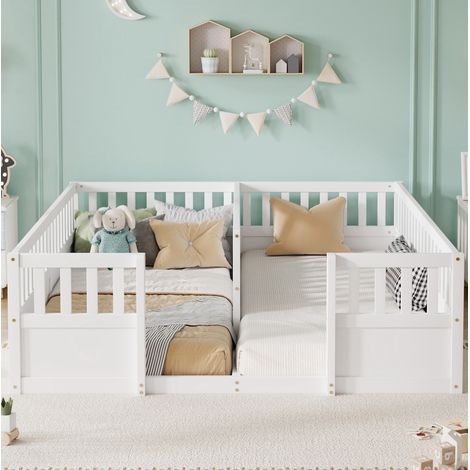 MODFU – Letto doppio da terra per bambini 2x90x200 cm in pino, MDF e compensato con barriere alte, ingresso aperto e portata 120 kg – Bianco (1/5)