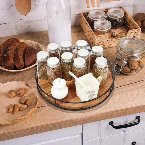 Mensola portaoggetti girevole in legno - porta spezie per la cucina - mensola per cosmetici per il bagno - mensola in ferro e legno - adatta per cucina, bagno e toeletta - 30 x 30 x 6 cm (1/5)
