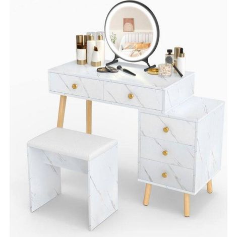 Aspect marbre, coiffeuse avec miroir LED amovible, 5 tiroirs et 3 modes d'éclairage pour chambre (1/5)
