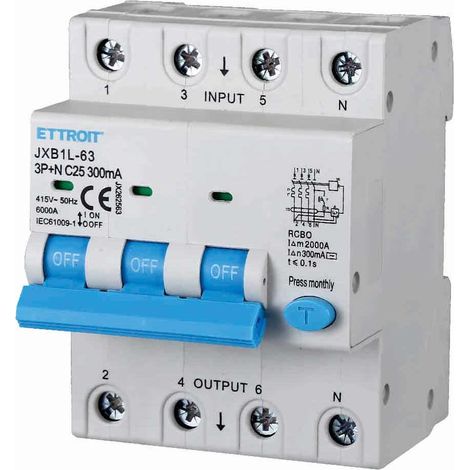 ETTROIT Differential-Leistungsschalter 3P+N 25A 300mA 380V-6KA 4 MODULE JX262563