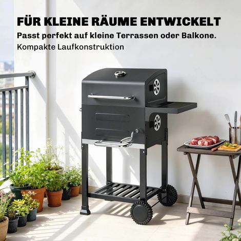 Chariot barbecue charbon compact avec couvercle, thermomètre, grille, tablette latérale, bac à cendres et fentes d’aération (1/4)