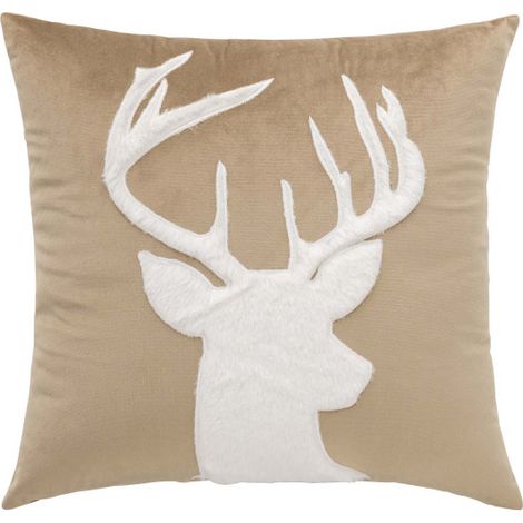 Coussin Déhoussable 45 x 45 cm – Velours Uni & Imitation Fourrure – Motif Cerf - 45x45cm - Sable (1/2)
