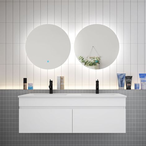 Aica Ensemble meuble Salle de Bain vasque L.120cm + 2 x Miroir LED Tricolore 60cm,Blanc (1/5)
