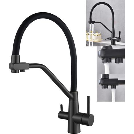 Grifo de cocina de ósmosis inversa de 3 vías con agua caliente y fría, canal separado para agua purificada, latón duradero (ósmosis inversa negra)