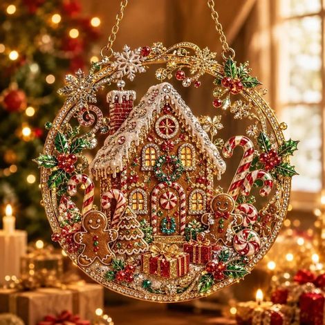 Nouvelle peinture diamant de Noël attrape-soleil acrylique - Maison en pain d'épice double couche - 20 cm