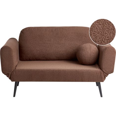 Sofá cama con cojín redondo tapizado de bouclé patas de hierro sala de estar dormitorio marrón Dorotea