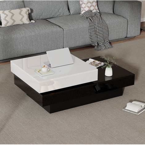 Tavolino basso girevole 103 x 60 x 35,5 cm, 2 livelli, piano lucido, bianco e nero HAVRYA (1/5)