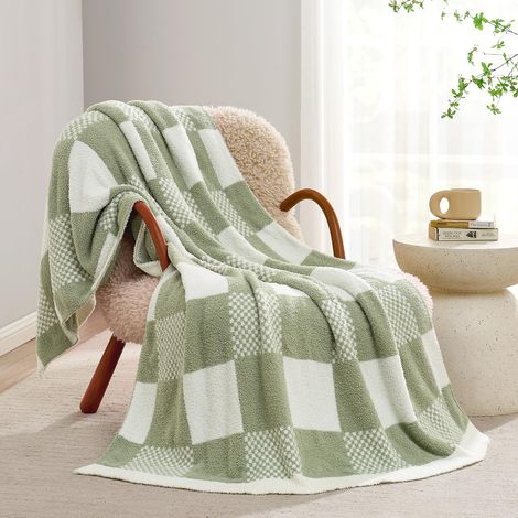 Couverture à Carreaux, en Microfibre, Moelleuse, Chaude, Confortable, Douce, réversible, pour canapé, Fauteuil et lit, Vert Sauge, 127 x 152,4 cm (1/5)