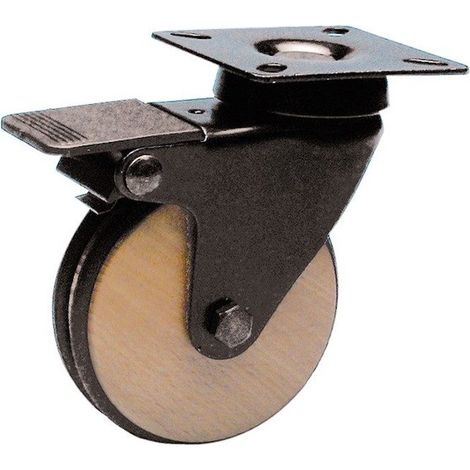 Roulette DESIGN "B" pivotante à frein Ø 70 mm BOIS époxy NOIR à platine 60x60 mm