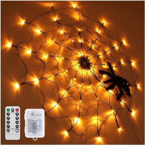 BUNTHAUS PA Aiperq Décorations d'Halloween Toile d'araignée lumineuse, 70 lumières LED orange avec araignée noire, télécommande pour fête, cour, bar, maison hantée (1/5)