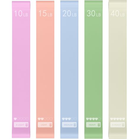 Fünferpack Widerstandsband für Übungen, Pilates-Gummiband für Physiotherapie und Yoga, elastisches Bewegungsband für Hüfte und Beine (10 lb, 15 lb, 20 lb, 30 lb, 40 lb)
