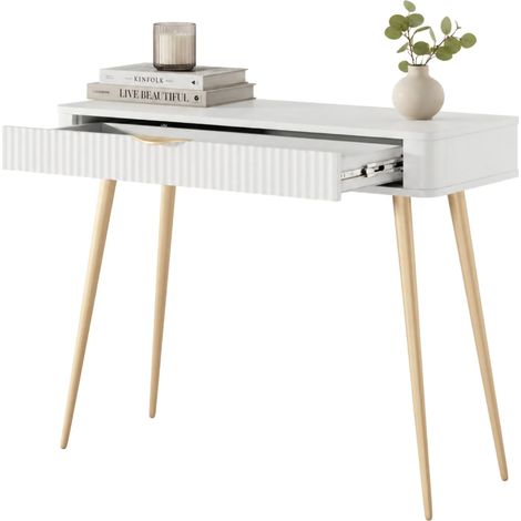Toeletta Katerara, Mobile da Trucco un Cassetto, Materiale Struttura in Metallo, Materiale Piano in Legno Nobilitato, 100x38x78h cm Bianco