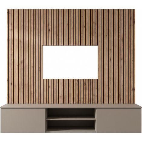 Ensemble meuble TV mural Xari L2 - Bois MDF gris argile et chêne artisan - 160 x 148 x 35 cm - Livraison gratuite (1/3)
